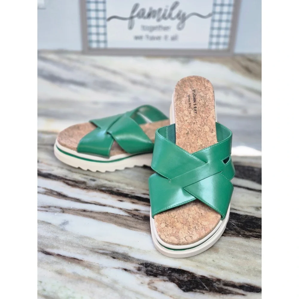 St Johns Bay Moat Green Platform Sandals Cork Memory Foam Slides Womens 9.5W